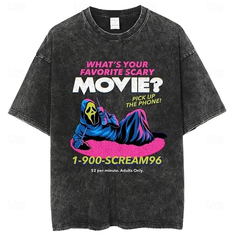 Scary Movie Halloween T-shirt Oversized Acid Washed Tee Print Graphic For Men's Women's Boys' Kid's Adults' Halloween Carnival Masquerade Hot Stamping Casual Daily2