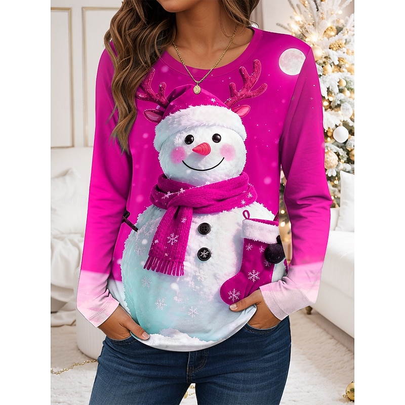 Christmas Women's T Shirt Graphic Snowman Vintage Fashion Stylish Long Sleeve Round Neck Regular Tops Daily Weekend Print Red Blue Purple Green Fall Winter2