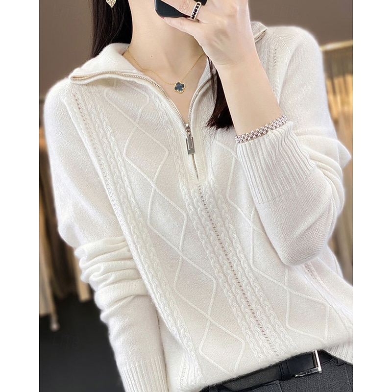 Women's Sweater Pullover Fashion Casual Pure Color Ribbed Half Zip Zipper Knitted Long Sleeve Regular Tops Knit Outdoor Daily Weekend White Fall Winter