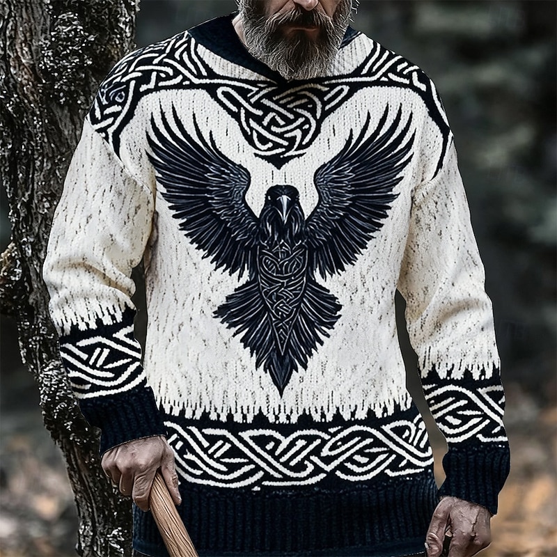 Men's Animal Eagle Viking Pullover Sweater Jumper Knitwear Crewneck Retro Vintage Casual Vacation Street Daily 3D Print Knitting Keep Warm Long Sleeve Spring Fall Winter White Blue Purple