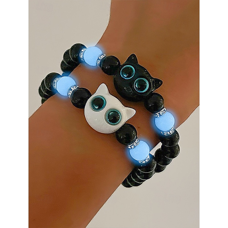 Women's Halloween Glow in the Dark Cat Beaded Bracelet – Cute Black and White Kitty Charm Stretch Wristband Jewelry for Party, Cosplay and Gifts3