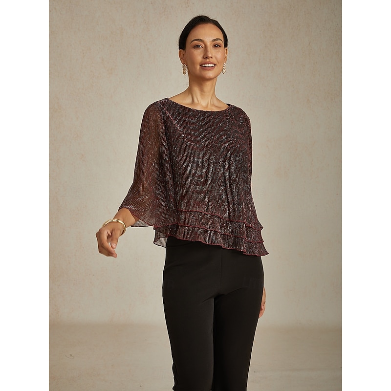 Women's Blouse Dressy Tops Flowy Tops Chiffon Tops Elegant Vintage Stylish 3/4 Length Sleeve Crew Neck Boat Neck Work Daily Date Night Outfits Sequins Pleated Patchwork Wine Spring Fall