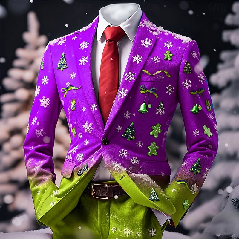 Men's Blazer Coat Christmas Casual Casual Daily Fall / Winter 100% Polyester Christmas Tree Christmas Bell 3D Print Buttons Thermal Warm Comfortable Single Breasted Blazer Blue Purple Green3