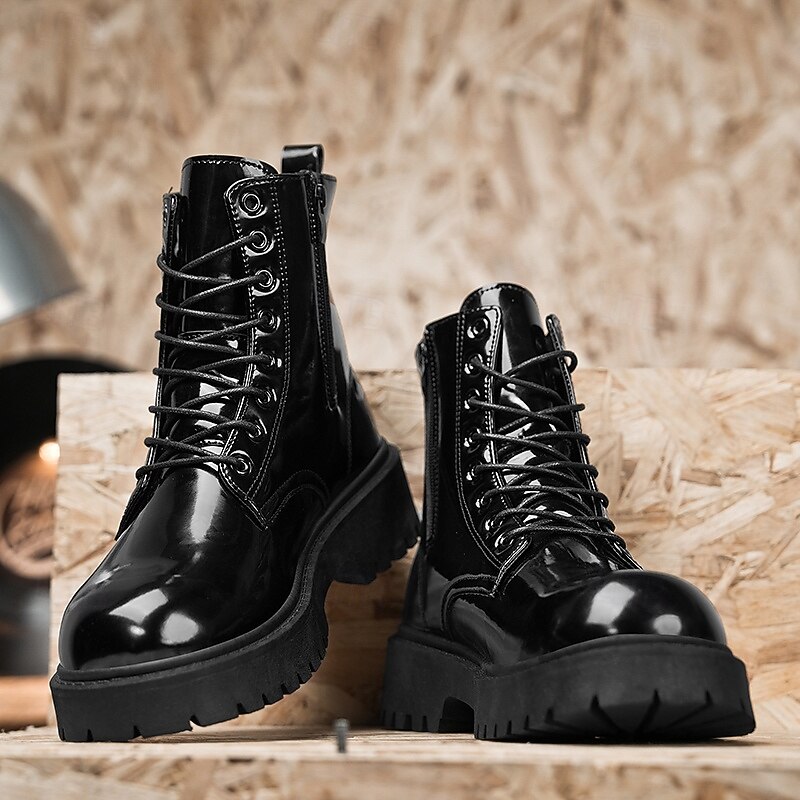 Black High-Gloss Leather Men's Lace-Up Boots with Chunky Sole – A Must-Have for Motorcyclists, Rock Enthusiasts, Casual Street Style and Trendy Fashion4