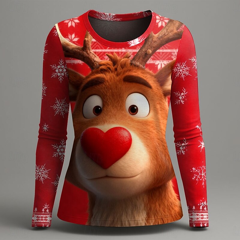 Christmas Women's T Shirt Graphic Reindeer Penguin Vintage Fashion Stylish Long Sleeve Crew Neck Round Neck Regular Tops Daily Weekend Print Black Red Green Summer Spring Fall Winter2