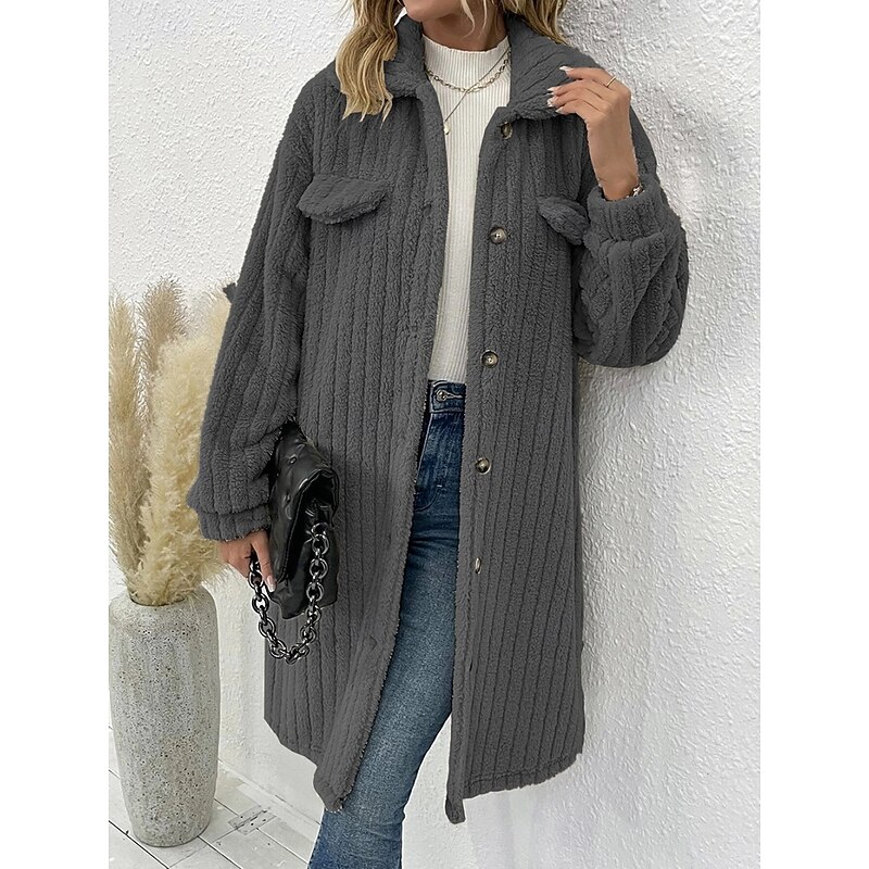 Women's Winter Coat Sherpa Jacket Comfortable Breathable Pocket Buttons Casual Plain Vacation Street Casual Daily Wear Single Breasted Long Turndown Regular Fit Long Sleeve Outerwear Black Wine Dark2