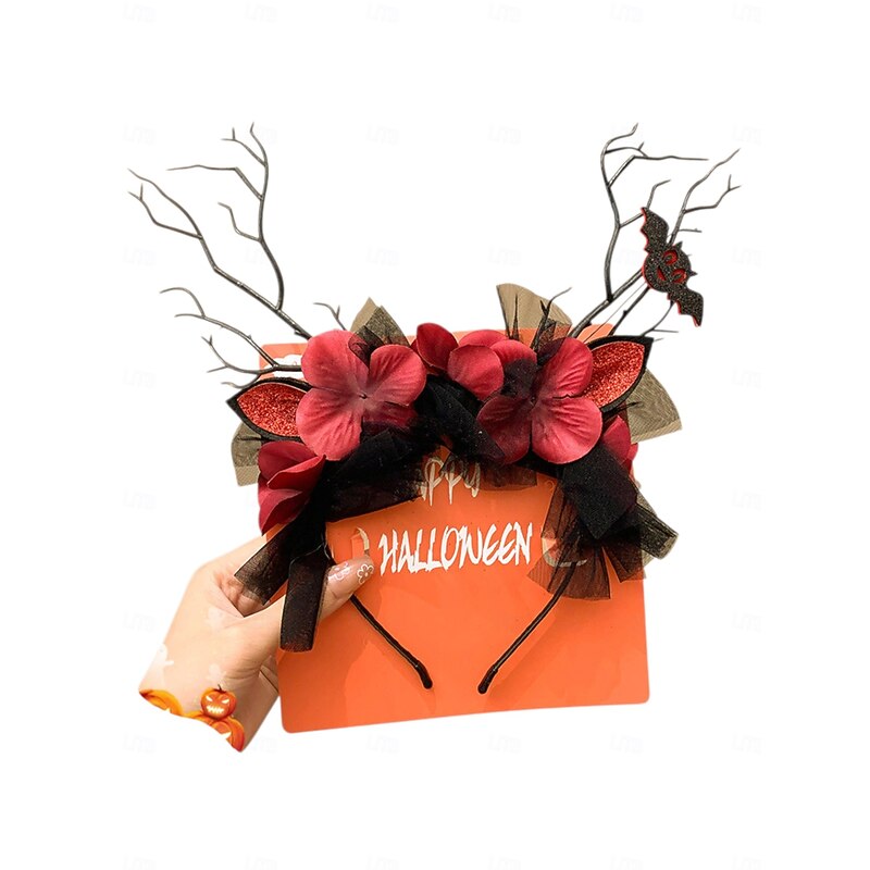 Women's Halloween Deer Antler Headband - Gothic Black Lace Hair Accessory with Pumpkin and Cat Ears for Costume Party and Cosplay4