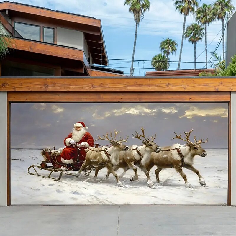 Christmas Garage Door Cover Large Hanging Backdrop Santa Claus Cute 3D Party Outdoor Holiday Shooting Backgrounds Yard Home Decor4