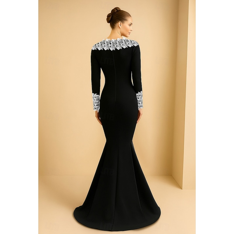 Black and White Mermaid / Trumpet Evening Gown Elegant Formal Dress Formal Wedding Sweep / Brush Train Long Sleeve Stretch Crepe with Floral Embroidered Lace Applique 20252