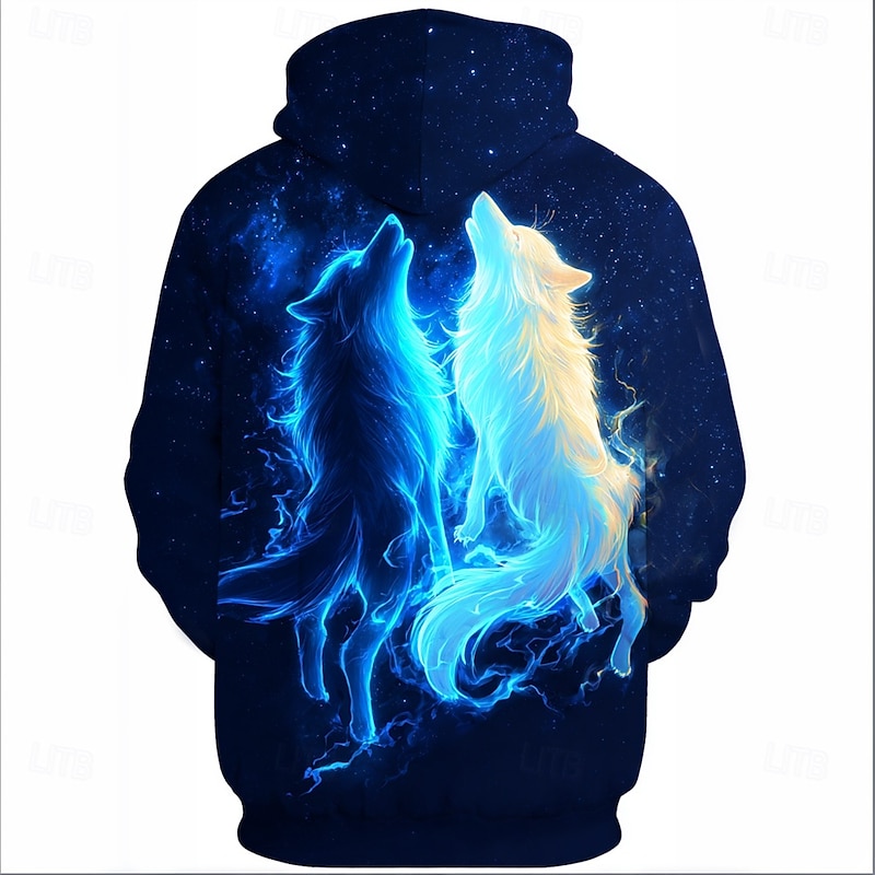 Men's Wolf 3D Hoodie Sweatshirt Cool Party Crew Neck Club Streetwear Blue Dark Blue Drawstring Fall Winter Designer