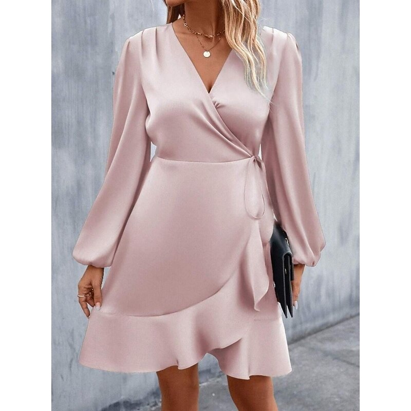 Women's Mini Dress Wrap Dress A Line Dress Casual Daily Holiday Regular Fit Plain Long Sleeve V Neck Pink Green Army Green Apricot Spring Fall3