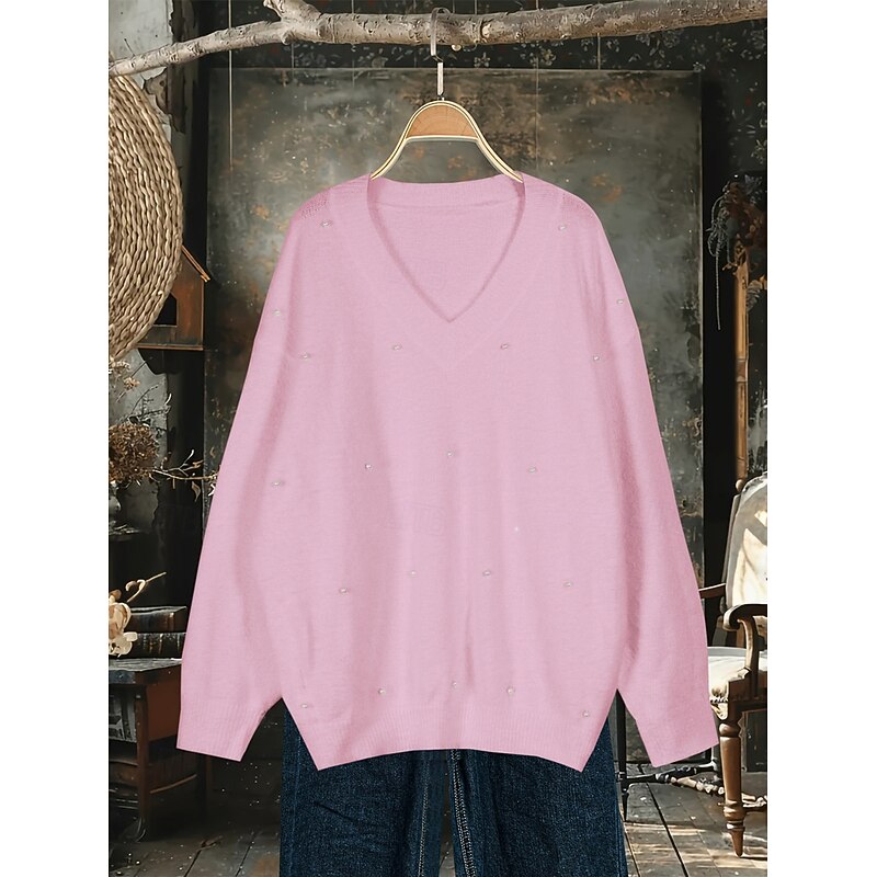 Women's Sweater Pullover Sweatshirt Fuzzy Cozy T Shirt Plain Ribbed Knitted Casual Long Sleeve V Neck Tops Daily Going out Weekend Lace Pink Oversized Fall Winter4