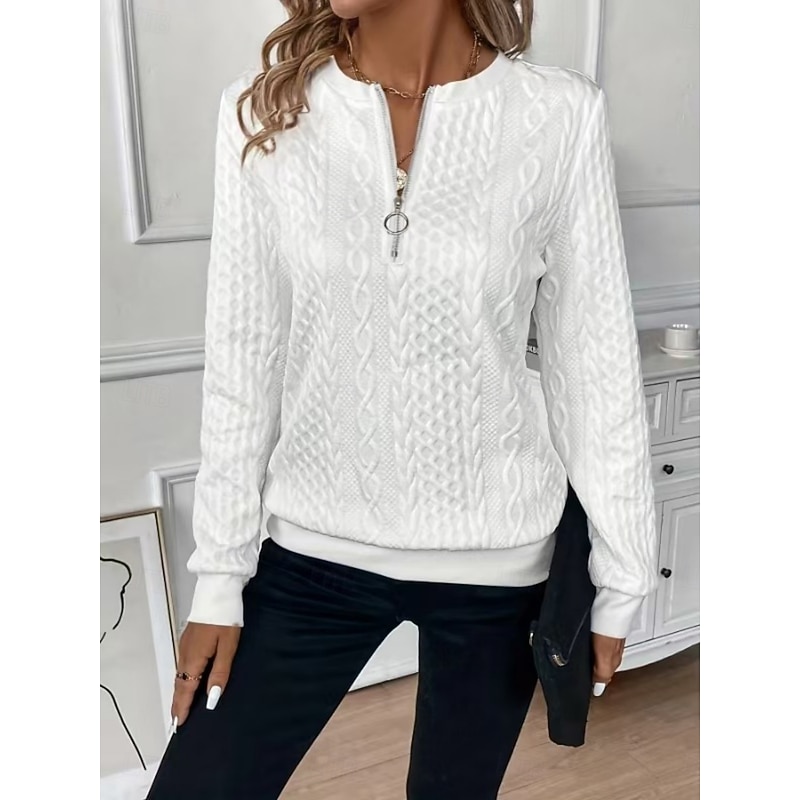 Women's Blouse Solid Color Stylish Casual Long Sleeve Crew Neck Regular Tops Daily Zipper Black White Pink Blue Spring Fall Winter2