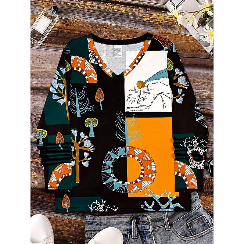 Women's T Shirt Floral Graphic Geometric Vintage Stylish Classic Long Sleeve V Neck Regular Tops Daily Print Orange Spring Fall Winter2