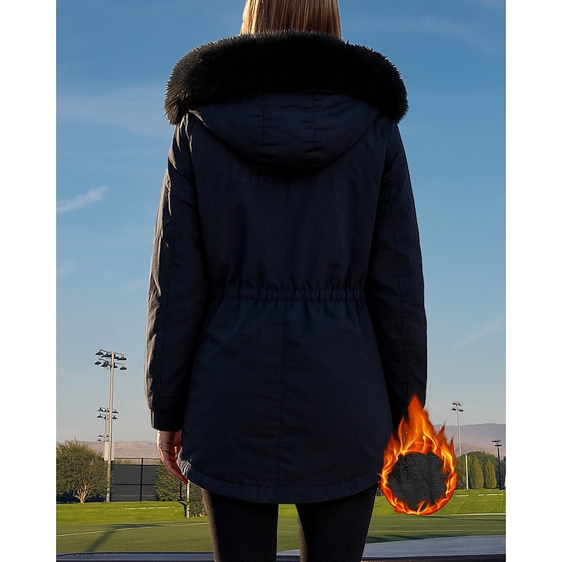 Women's Hooded Fleece Jacket Winter Coat Pocket with Fur Hood Long Sleeve Top Athleisure Fall Solid Colored Cotton Windproof Thick Warm Outdoor Travel Vacation Sportswear Activewear Black Pink Green2