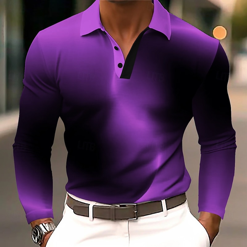 Men's Gradient Geometic Polo Long Sleeve Polo Shirts Lapel Business Casual Athleisure Daily Wear 3D Print Buttons Spring Fall Winter Blue Purple Brown2