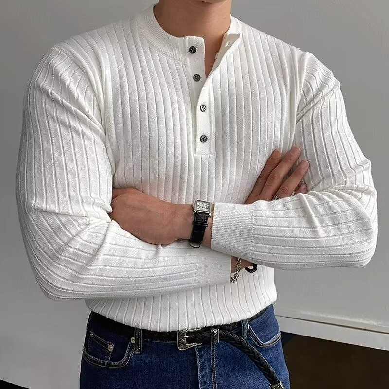 Men's Sweater Pullover Sweater Jumper Ribbed Knit Regular Tops Knitted Slim Fit Plain Henley Knitwear Contemporary Casual Daily Wear Clothing Apparel Fall Black White M L XL4