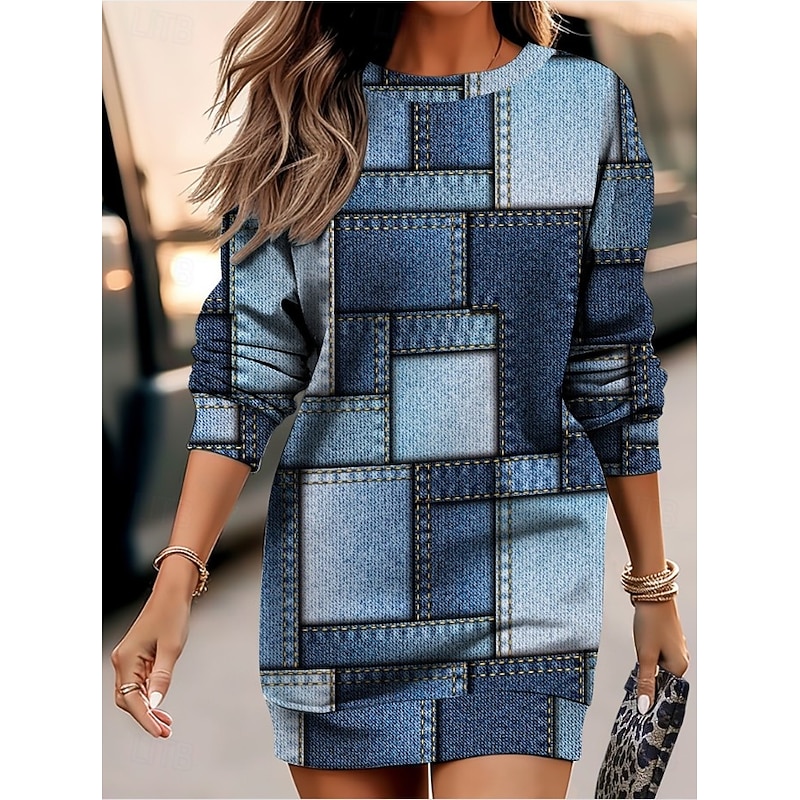 Women's Mini Dress Sweater Dress Shift Dress Party Casual Boho Holiday Going out Regular Fit Graphic Geometric Long Sleeve Crew Neck Royal Blue Light Brown Blue Sky Blue Spring Fall Winter
