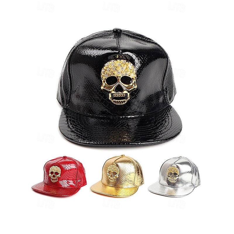 Men's Halloween Skull Embellished Faux Leather Baseball Cap, Punk Rock Style Snapback Hat for Parties, Festivals and Cosplay3