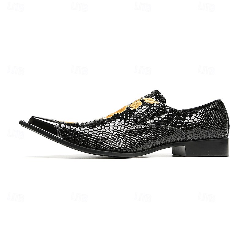 Men's Genuine Cowhide Leather Black Crocodile Pattern Dress Shoes with Gold Embroidery – Luxury Formal Loafers for Business, Weddings and Banquets4