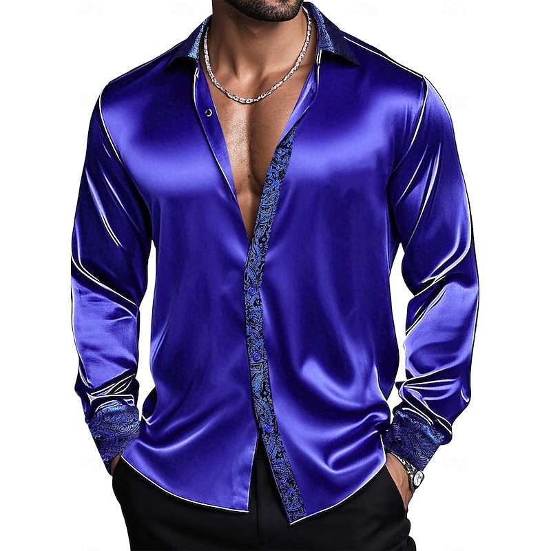 Men's Shirt Satin Shirt Dress Shirt Casual Shirt Button Up Shirt Prom Shirt Plain Wedding Party Champagne Blue Purple Long Sleeve Lapel All Seasons Clothing Apparel Patchwork4