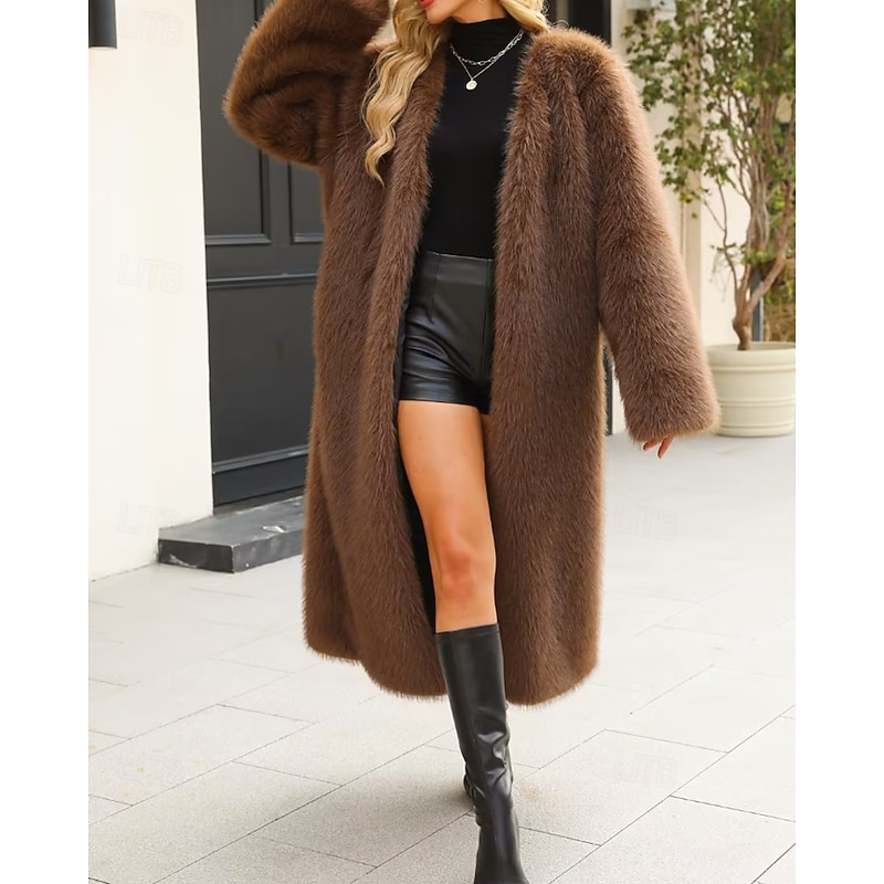 Women's Coat Faux Fur Coat Warm Comfortable Furs & Leathers Fashion Plain Vacation Street Daily Wear Going out Long V Neck Regular Fit Long Sleeve Outerwear Coffee Fall Winter