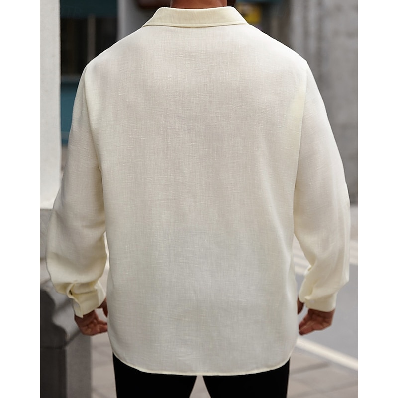 Men's Shirt Summer Shirt Casual Shirt Beach Shirt Button Up Shirt Light Yellow Long Sleeve Plain Lapel Vacation Hawaiian Pocket Clothing Apparel Polyester Fashion Casual Comfortable2