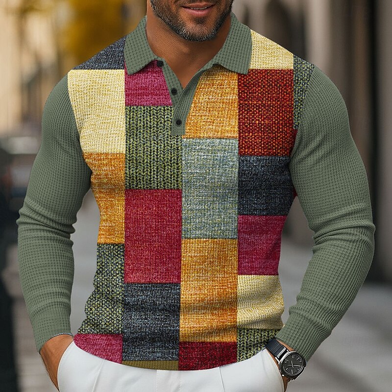 Men's Color Block Geometic Waffle Polo Shirts Long Sleeve Polo Shirts Collared Shirts Business Casual Business Wear to work Daily Wear 3D Print Buttons Spring Fall Winter Red 1 Red 4 Red 34