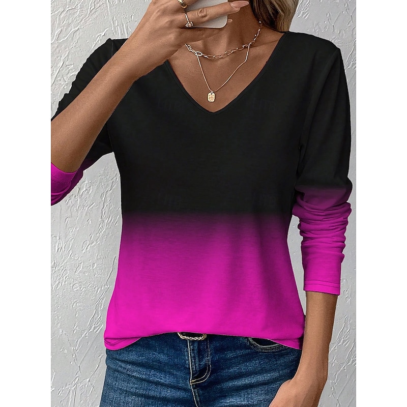 Women's T Shirt Ombre Graphic Vintage Stylish Classic Long Sleeve V Neck Regular Tops Daily Print Red Blue Purple Orange Green Spring Fall Winter3