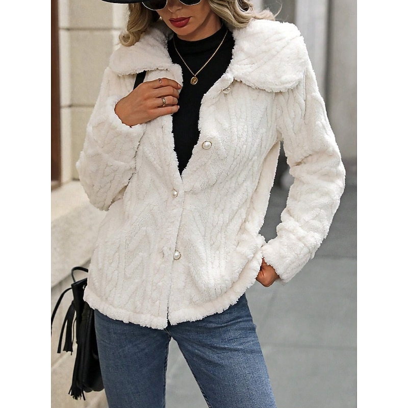 Women's Winter Coat Sherpa Jacket Comfortable Breathable Buttons Casual Plain Vacation Street Casual Daily Wear Single Breasted Regular Turndown Regular Fit Long Sleeve Outerwear White Spring Fall4