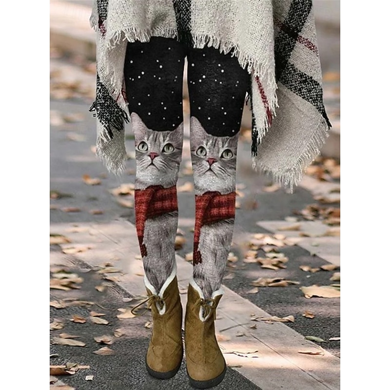 Women's Leggings Vacation Vintage Fashion Full Length High Waist Graphic Cat Printing Thermal Warm Soft Breathable Stretchy Outdoor Vacation Street dark brown Dark Gray Grey Black Fall Winter Skinny3