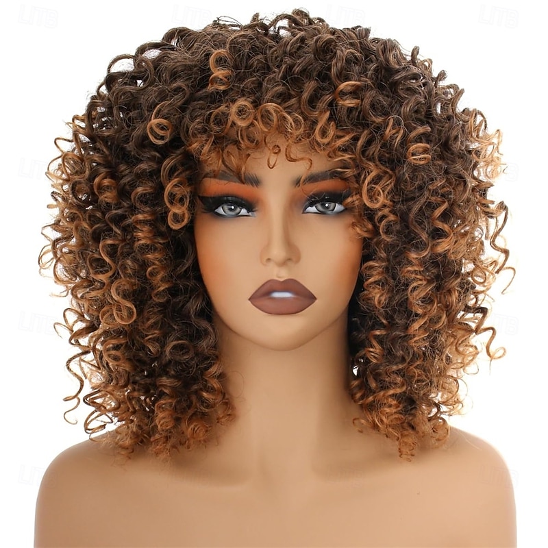 14inch Black/Brown Curly Wigs for WomenShort Kinky Afro Curly Wigs with Bangs Natural Soft Bouncy Fluffy Heat Resistant Synthetic Hair Wig 70s for Daily or Party