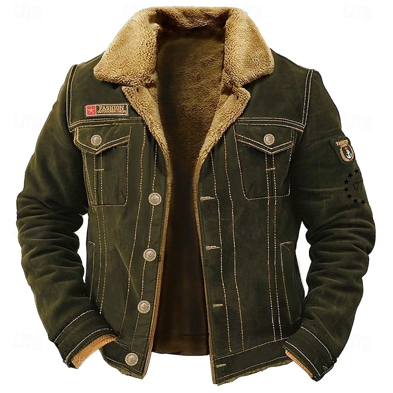 Men's 1776 Fleece Jacket Cargo Jacket Sherpa Jacket Tactical Thermal Warm Vintage Outdoor Home Embroidered Multiple Pockets Winter Coats Fall Winter Fleece Turn-Down Collar Long Sleeve Army Green