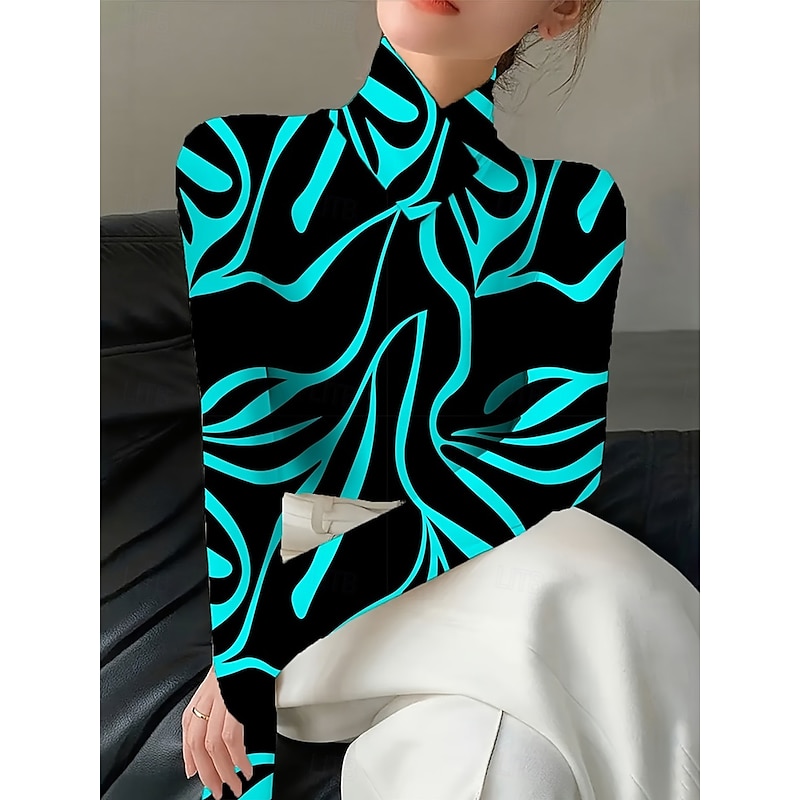 Women's T Shirt Graphic Geometry Elegant Vintage Stylish Long Sleeve Turtleneck High Neck Regular Tops Going out White Yellow Red Blue Fall Winter3