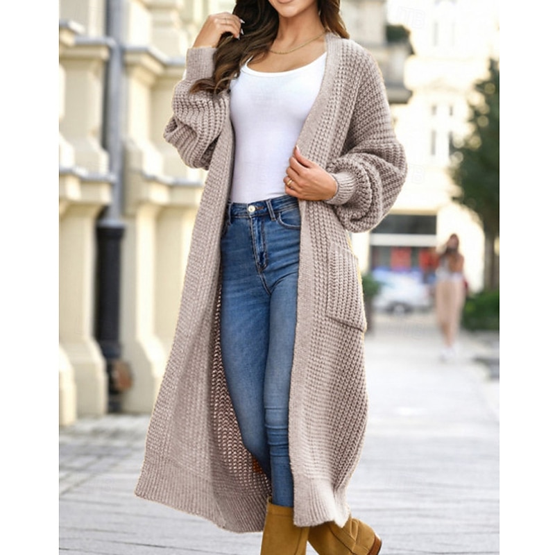 Women's Sweater Cardigan Streetwear Casual Solid Color Cable V Neck Pocket Knitted Long Sleeve Long Tops Knit Daily Holiday Weekend Khaki Fall Winter4