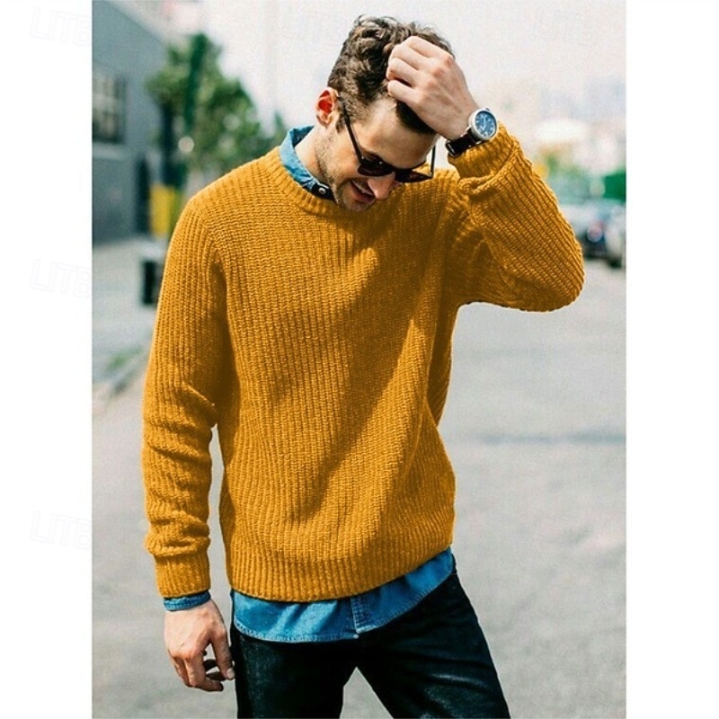 Men's Sweater Pullover Sweater Jumper Ribbed Knit Regular Tops Knitted Slim Fit Plain Crew Neck Knitwear Contemporary Casual Daily Wear Clothing Apparel Fall Natural yellow Black S M L4