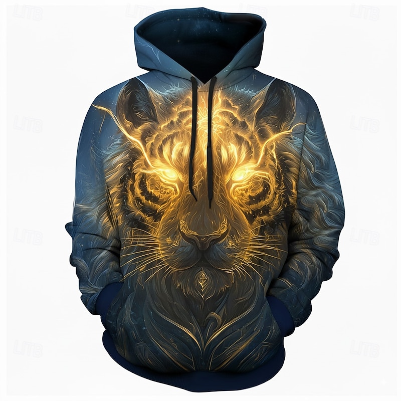 Men's Lion Tiger Hoodie Sweatshirt 3D Fantasy Crew Neck Gift Club Streetwear Black Blue Drawstring Fall Winter Designer4