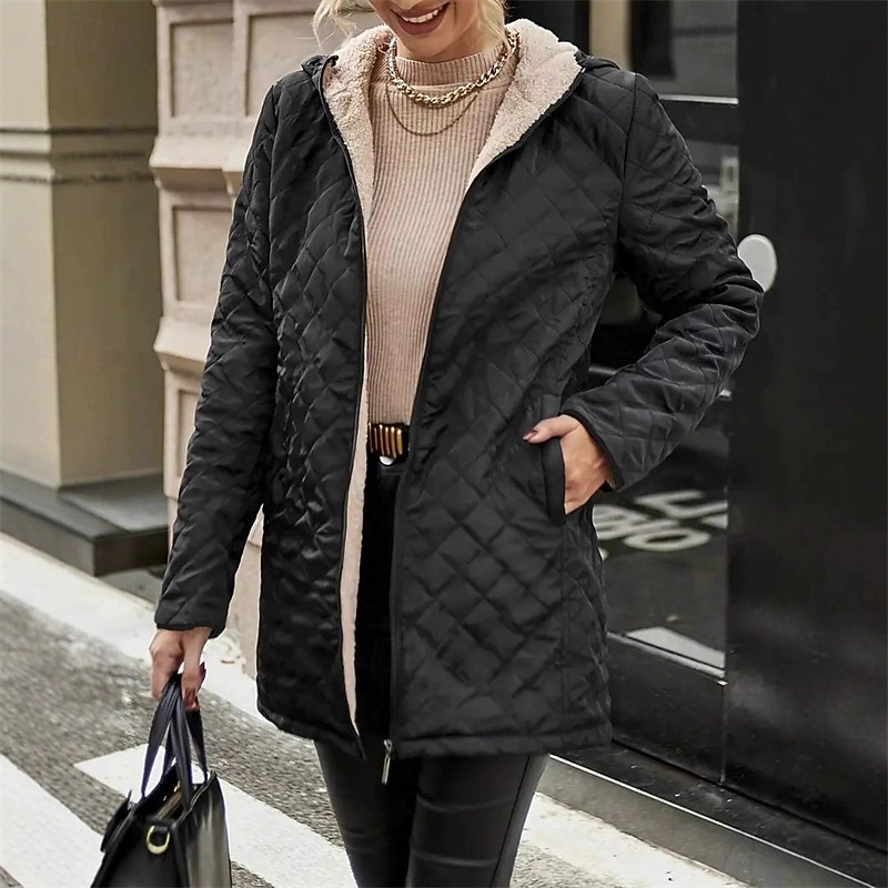 Women's Puffer Jacket Quilted Jacket Casual Jacket Comfortable Breathable Zipper Pocket Casual Plain Vacation Street Casual Daily Wear Zipper Long Hooded Regular Fit Long Sleeve Outerwear Black2
