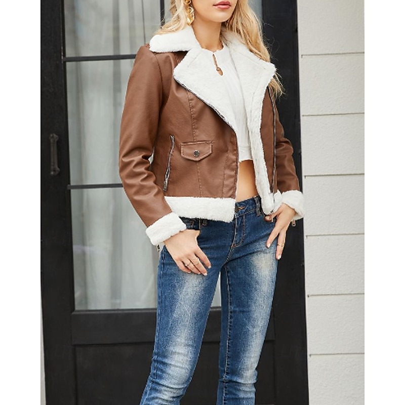 Women's Faux Leather Jacket Warm Comfortable Zipper Pocket Casual Plain Outdoor Going out Weekend Regular Turndown Regular Fit Long Sleeve Outerwear Black Royal Blue Camel Fall Winter2