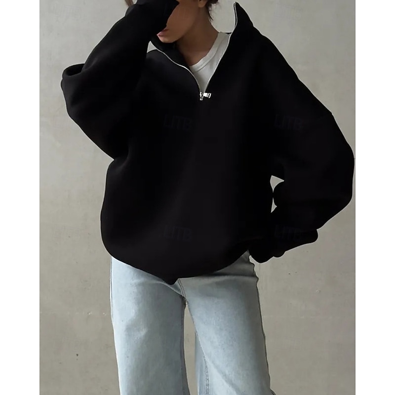 Women's Pullover Sweatshirts Zip Up Sweatshirts Plain Sports Fashion Casual Long Sleeve High Neck Regular Tops Street Dailywear Going out Half Zipper Quarter Zipper Zipper Black Fall Winter