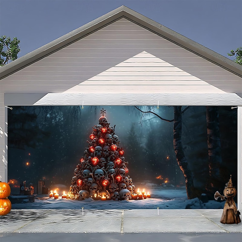 Halloween Tapestry Garage Door Cover Large Hanging Backdrop Skeleton Bloodstains Tree 3D Dark Punk Gothic Style Party Outdoor Shooting Backgrounds Yard Haunted House Home Decor