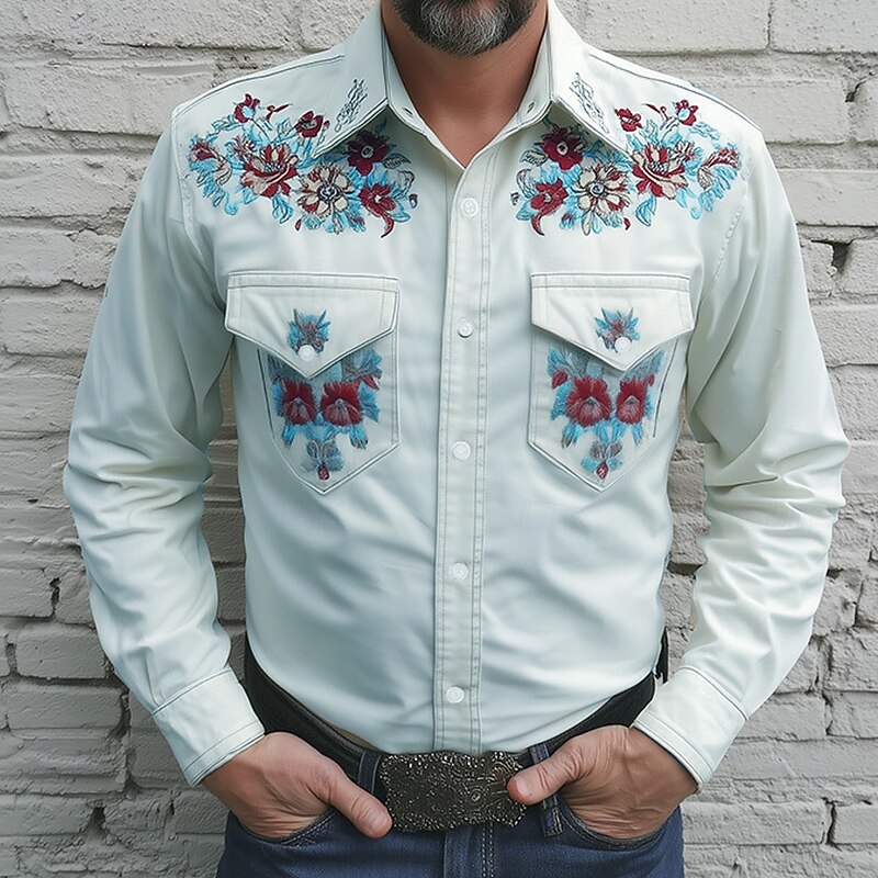 Men's Floral Print Flowers Shirt Western Shirt Cowboy Shirt Long Sleeve Vintage Retro Outdoor Casual WorkWear Spring Fall Turndown Front Two Pockets Linen Like Shirt Button Up Shirts Yellow Pink Blue2