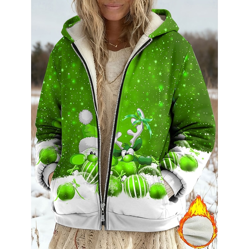 Women's Winter Coat Fleece Jacket Casual Jacket Warm Zipper Pocket Print Fashion Casual Christmas Street Casual Regular Hooded Regular Fit Long Sleeve Outerwear Red Blue Purple Spring Fall4