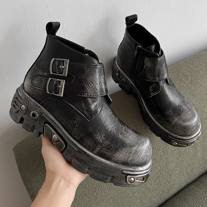Men's Black Gothic Platform Boots Heavy Duty Buckle Strap Biker Boots with Metal Accents for Halloween Parties, Cosplay Costumes and Stage Performances2