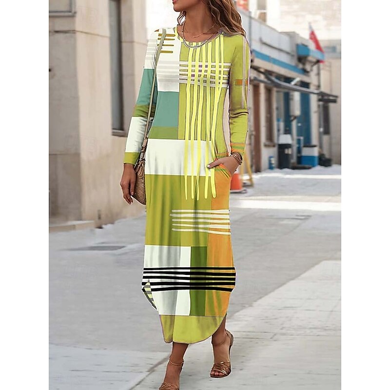 Women's Midi Dress Sheath Dress T Shirt Dress Tee Dress Vacation Casual Boho Holiday Date Regular Fit Graphic Geometric Abstract Long Sleeve Crew Neck Yellow Pink Blue Purple Spring Fall Winter Autumn4