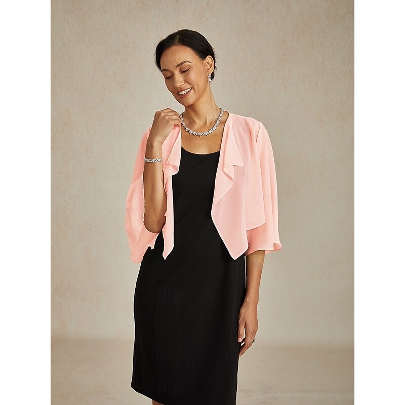 Women's Flowy Tops Chiffon Tops Solid Color Elegant 3/4 Length Sleeve Asymmetrical Crop Tops Wedding Guest Blush Pink Summer Spring Fall2