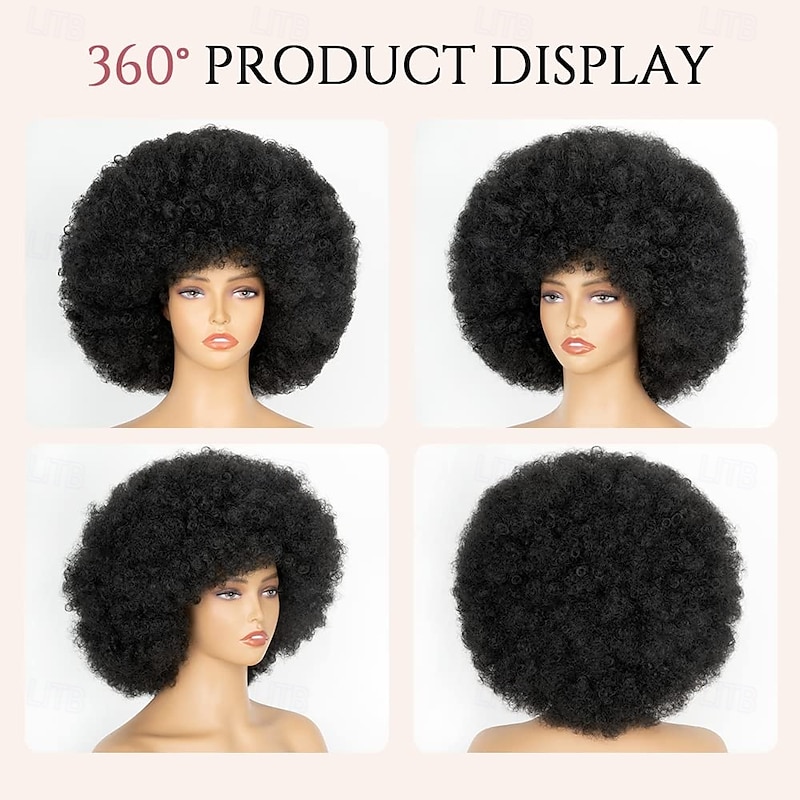 70's Afro Wig for Women Natural Black Short Afro Kinky Curly Wig Glueless Synthetic Wig with Bangs Puffy & Fluffy Bouncy Afro Wig for Daily Cosplay Party4