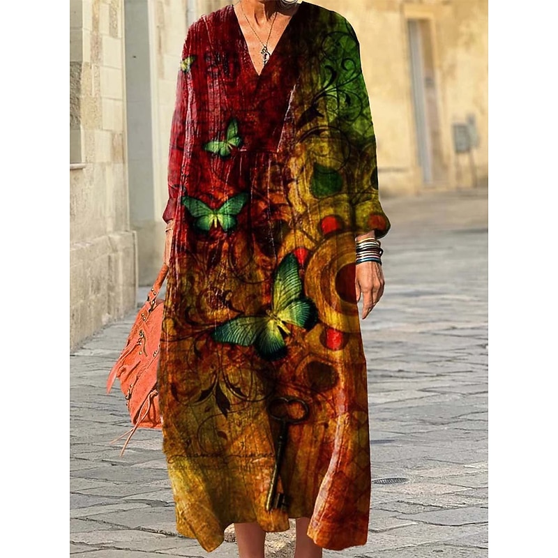 Women's Midi Dress Sundress A Line Dress Vacation Casual Boho Going out Beach Loose Fit Graphic Geometric Long Sleeve V Neck Red Purple Green Dark Gray Spring Fall Winter Autumn