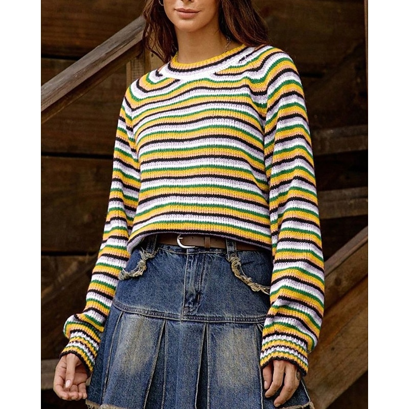 Women's Sweater Pullover Fashion Casual Striped Ribbed Crew Neck Knitted Long Sleeve Regular Tops Knit Outdoor Daily Weekend Yellow Fall Winter4