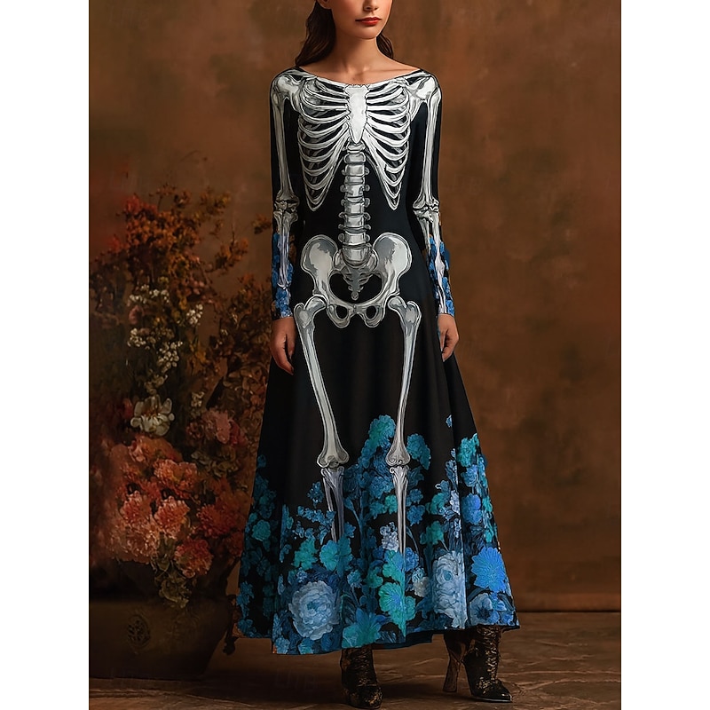 Halloween Women's Skeleton Maxi Dress Sheath Dress A Line Dress Casual Boho Wedding Guest Beach Regular Fit Floral Graphic Long Sleeve Crew Neck Boat Neck Blue Purple Orange Green Spring Fall Winter3